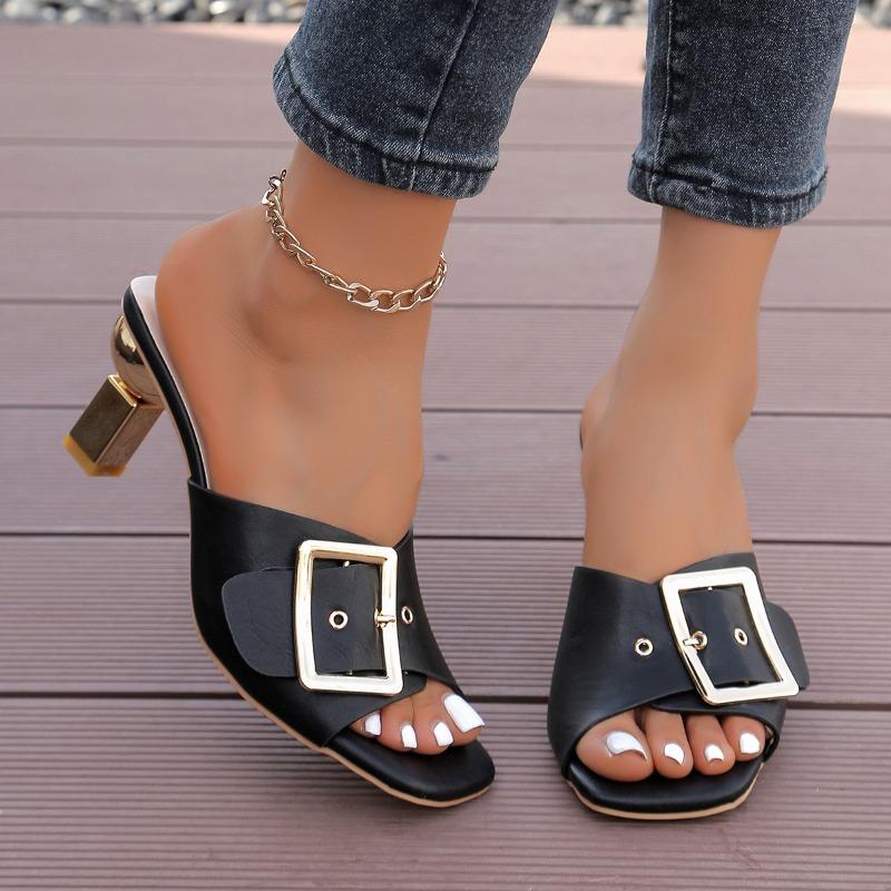 Belt buckle high-heeled slippers Women's African fashion one-character sandals Women Slippers