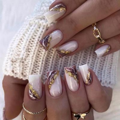 24 Pieces Wear Nail White Purple Smudge Gold Foil Manicure Patch Wear Nail Fake Nail Manicure Press On Nails