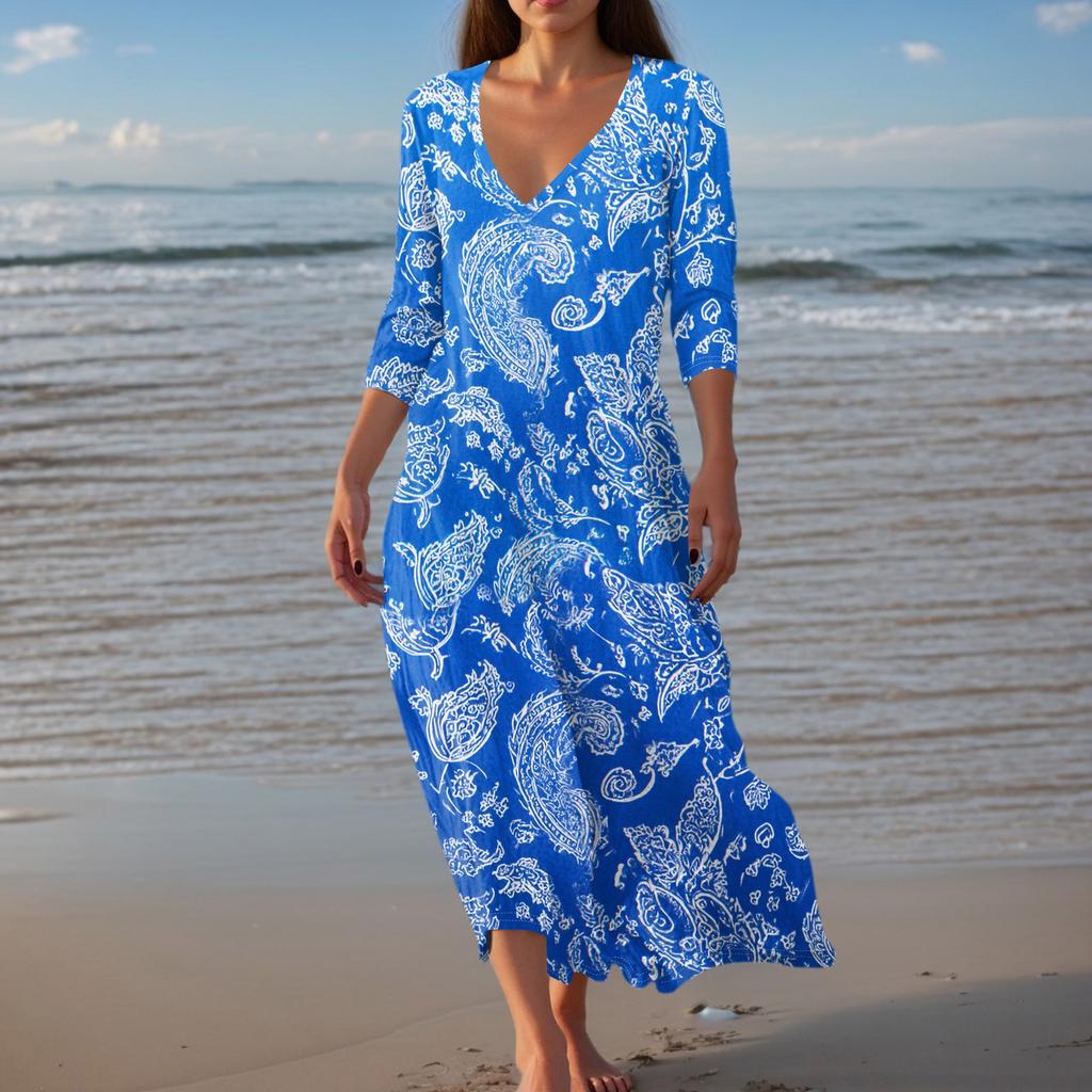 Women's Vintage Print Tunic Waisted Midi Dress Summer Casual 3/4 Sleeve Dress Dress