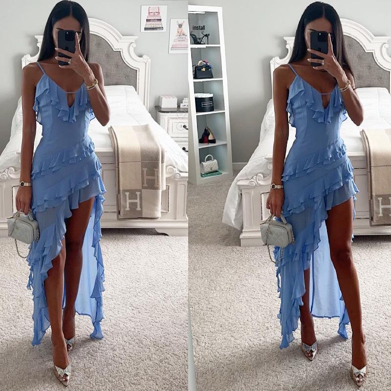 2023 Neues Sexy Unregelmäßige Farbe Spaghetti-Träger Abendkleid für Europa und Amerika