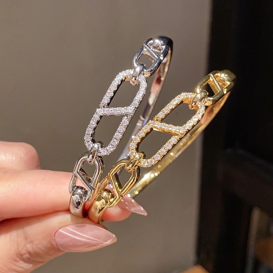 European Style Copper Zircon Stone Cuff Bracelet With Elegant Geometric Design For Daily Use