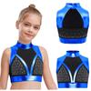 Dívčí taneční crop top s falešným rolákem, bez rukávů, s výřezem na zádech, lesklými kamínky, barevným blokováním, na vystoupení