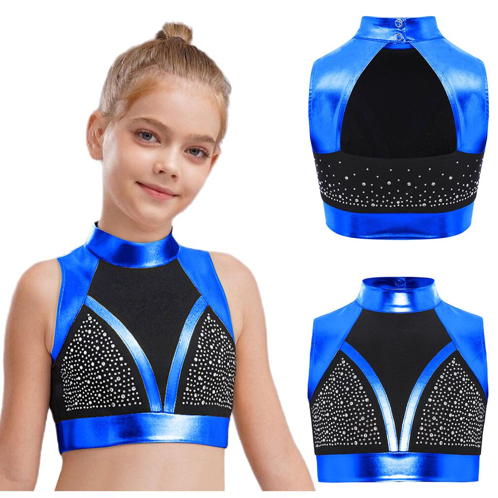 Dívčí taneční crop top s falešným rolákem, bez rukávů, s výřezem na zádech, lesklými kamínky, barevným blokováním, na vystoupení