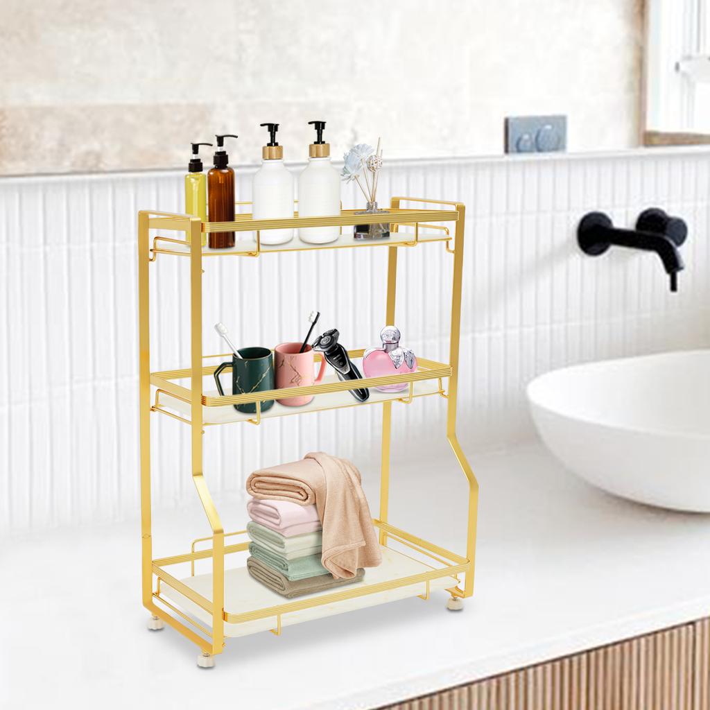 3-layer Bathroom Skincare Shelf, White Gold Countertop Storage W/ Railing,Desktop Bookshelf for Bedrooms, Living Rooms & Offices