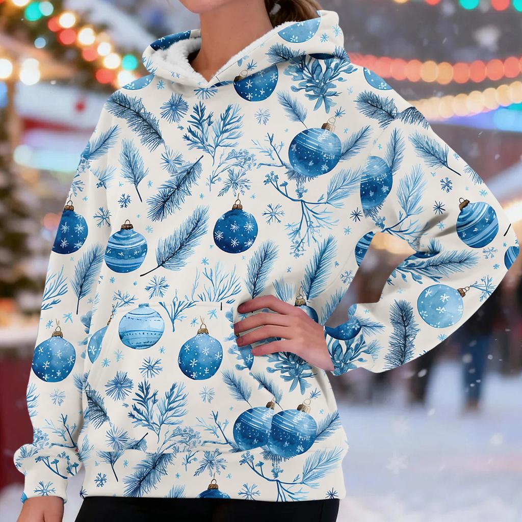 Women's Fashionable Casual Long-Sleeved Christmas Print Fleece-Lined Thick Hooded Sweatshirt
