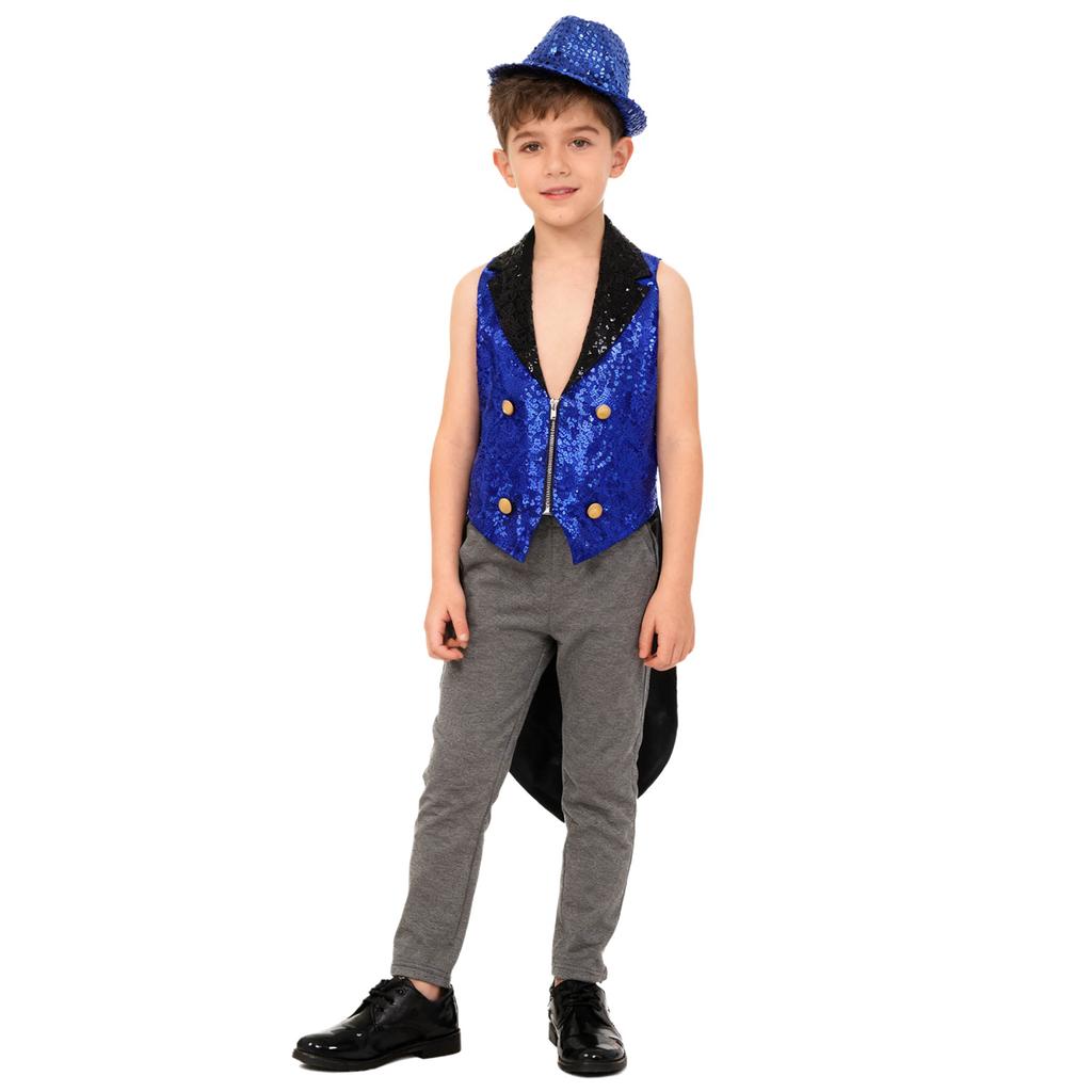 Kids Sequins Medieval Vest Victorian Tailcoat Lapel V Neck Front Zip Vest Solid Sequins Fedora Hat Circus Outfit