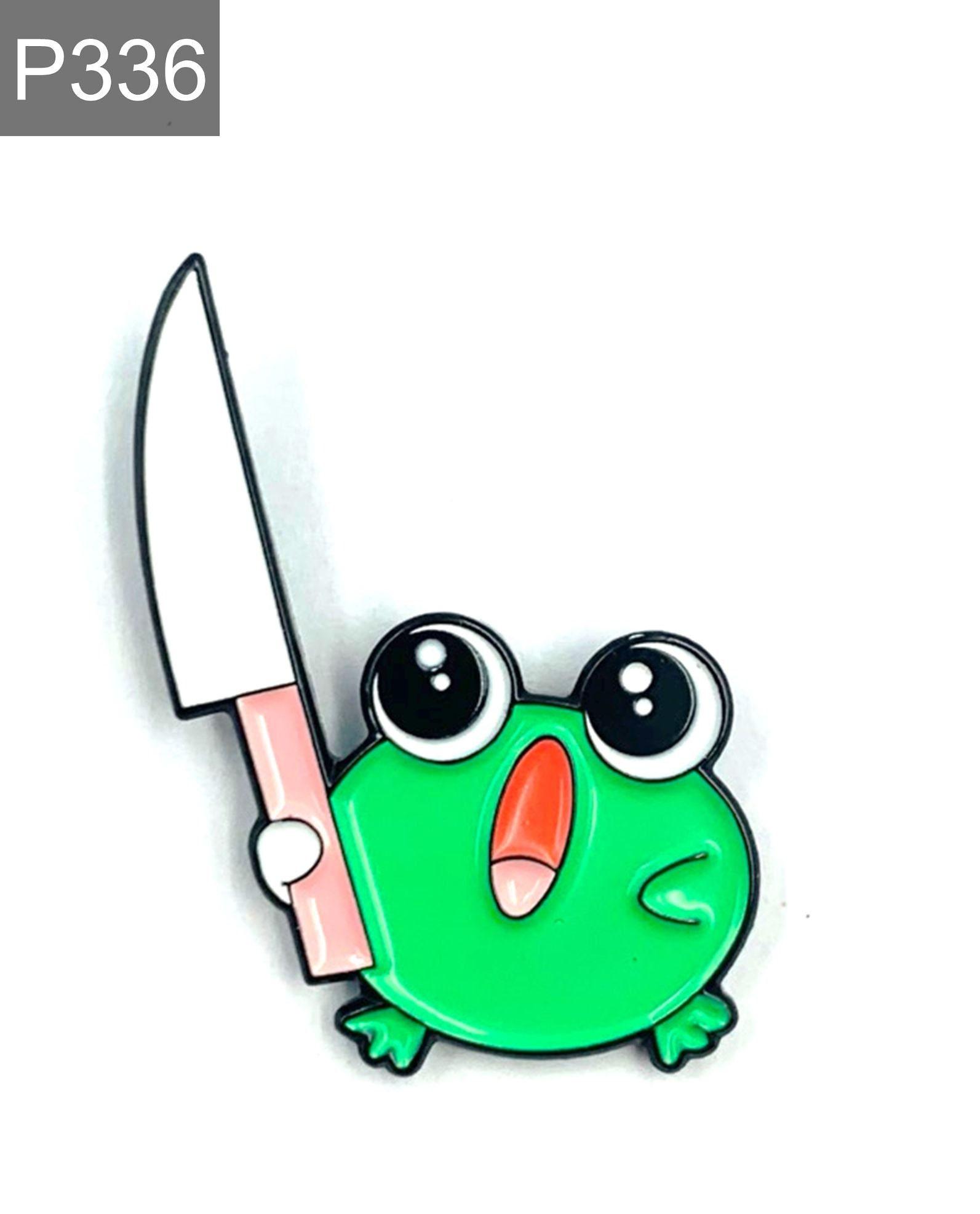 Neue Emaille Pin Frosch Tier mit Messer lustig Metall Stecker Geschenk Geburtstag 1 Stück