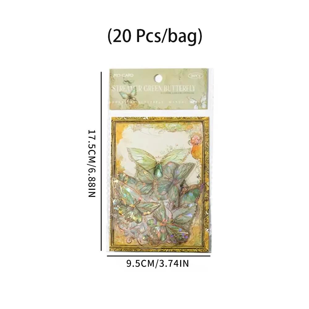 1pack/20pcs Ins Butterfly Pet Sticker Pack Ice Crystal Laser Gold Diy Handbook Scrapbooking Label Diary Transparent Decoration