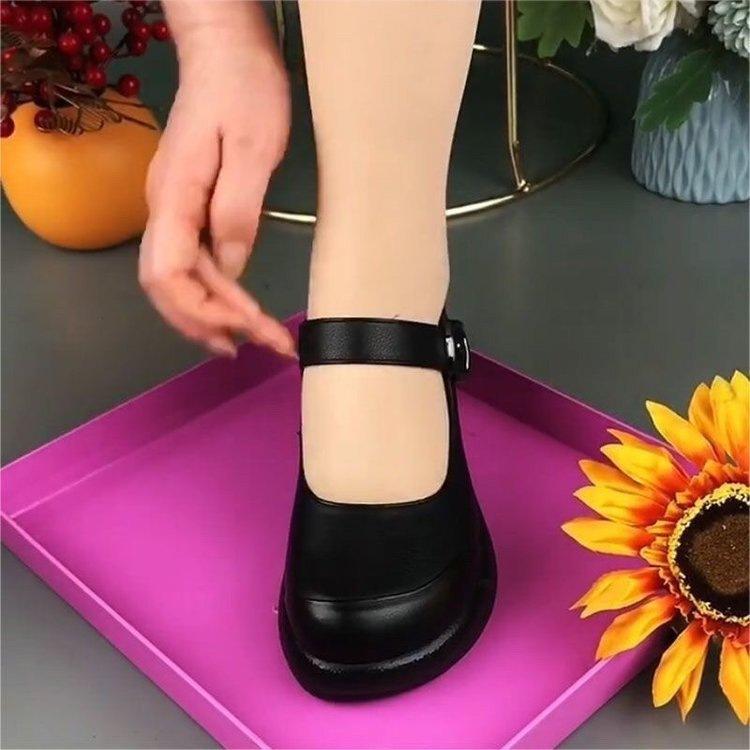Soft Leather Thicksoled Shallowmouth Single Shoes Women's Spring Black Small Leather Shoes Spring New Women's Shoes Softsoled Shoes