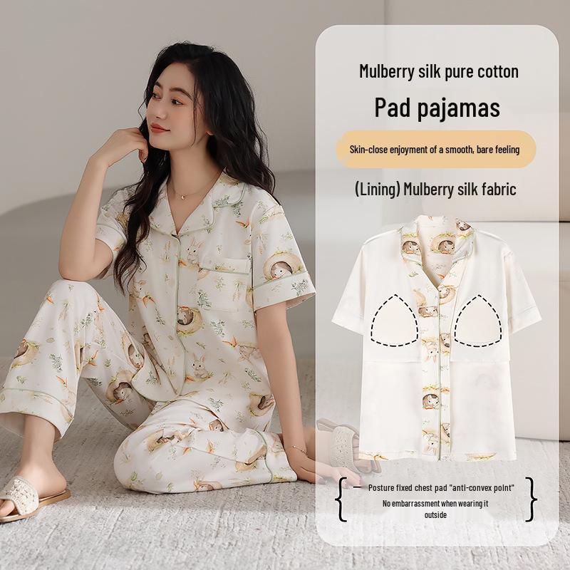 

Женский летний хлопковый комплект пижамы с короткими рукавами и встроенным бюстгальтером XL (60-70 kg)