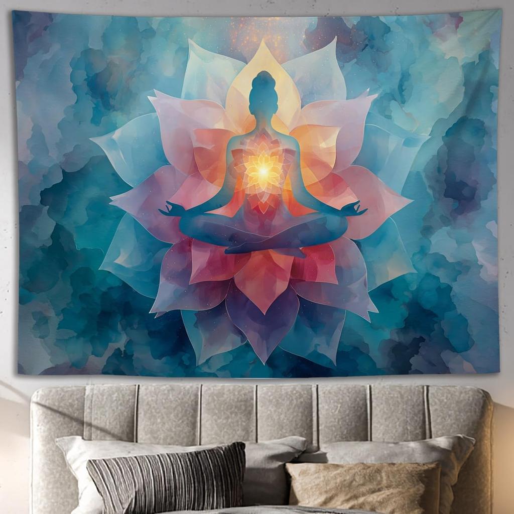 YJDYJD Meditation Wall Tapestry – Spiritual Chakra Wall Hanging with Lotus Flower Design, Mindfulness Yoga Wall Art and Boho Spiritual Decor for