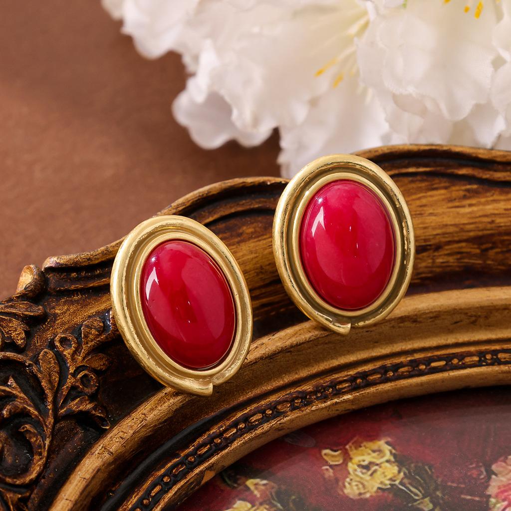 French Retro Colored Natural Stone Lock Chain With 925 Silver Needle Earrings Set Luxurious High-end