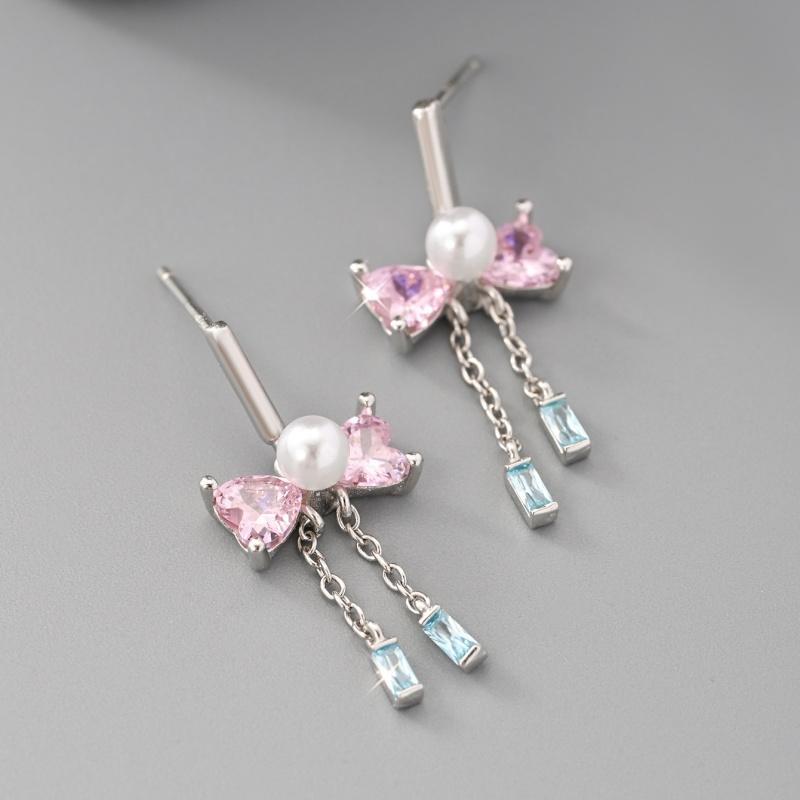 

925 Sterling Silver Pink Blue Zircon Pearl Bow Stud Earrings for Women Sterling Silver Jewelry Gift