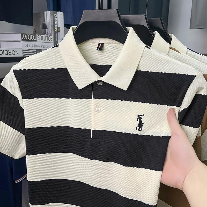 Herrskjorta i koreansk stil, tryckt, randig, pikétröja, bomull, slag, avslappnad, kortärmad topp