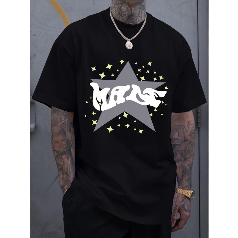 Men s Fashion Creative Design Yellow Star Print Casual Summer Short-Sleeve T-Shirt, Fashionable S чёрный