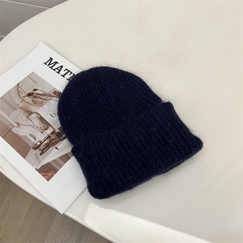 Angora Rabbit Hair Curled Brimless Wool Hat Women Autumn and Winter Warm Striped Fashion Knitted Pullover Cold Hat