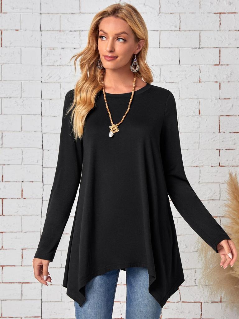 2025 New Solid Color Long Sleeve Irregular Fashion Round Neck Top Women's Simple Versatile T-shirt