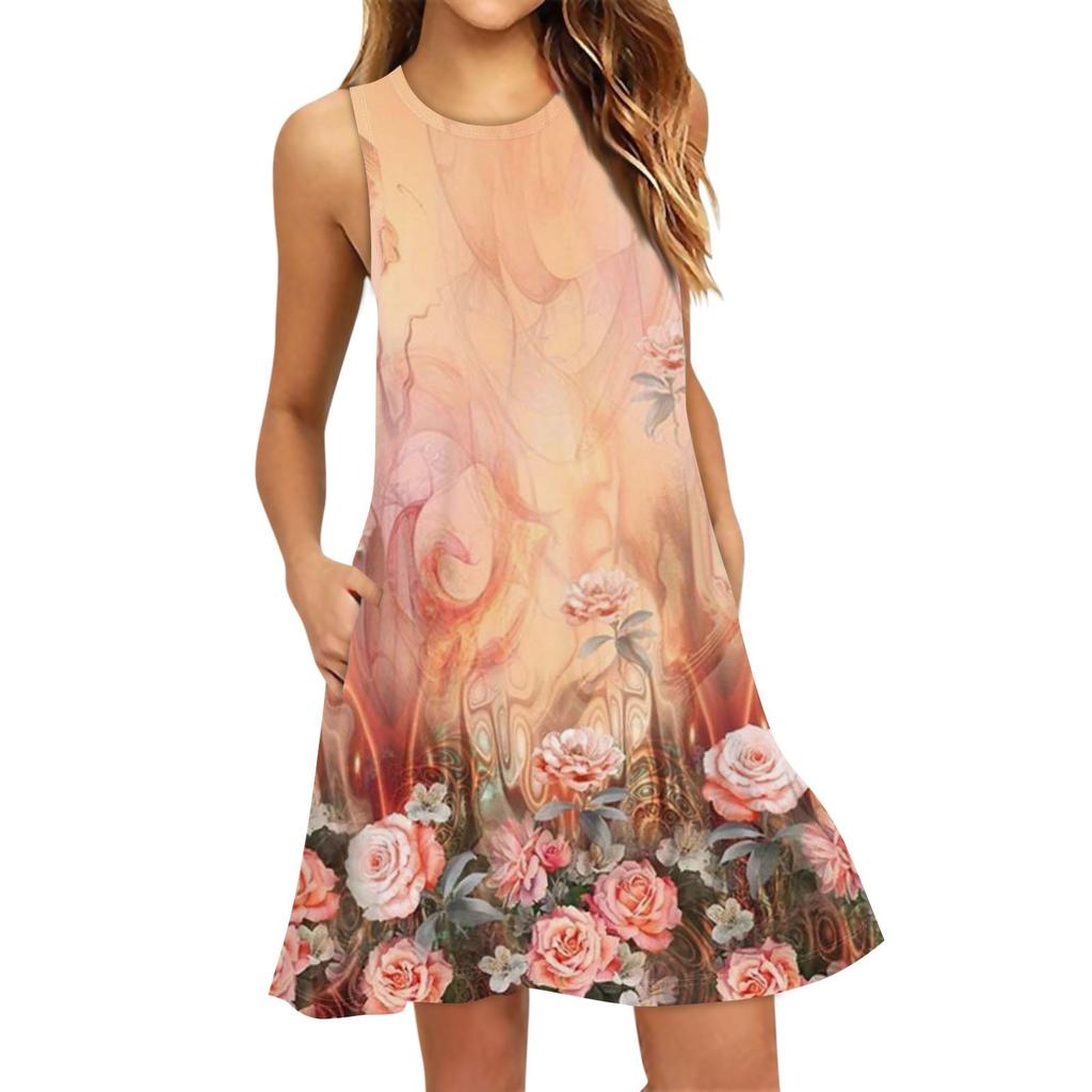 Women's Fashion Beach Dress Sleeveless Round Neck Floral Print Dress