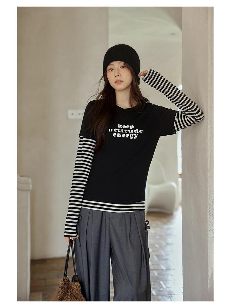 Yimeng 2025 Herbst Eleganz im koreanischen Stil gestreiftes Zwei-in-Eins T-Shirt