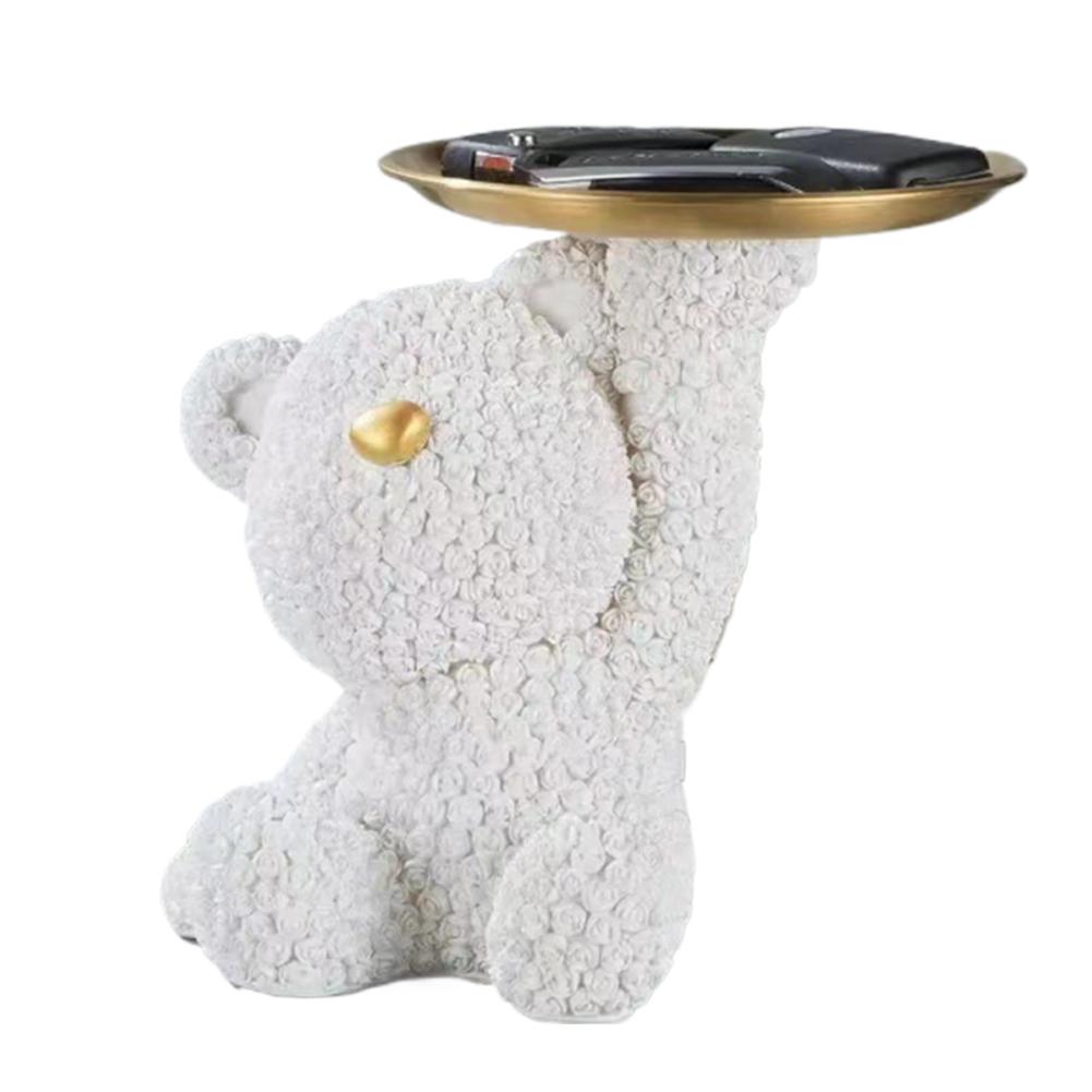 Roses Bear Storage Tray Key Candy Storage Ornament Exquisite Bear Statue Tray Decor Multifunction Bear Figurines for Home Decor