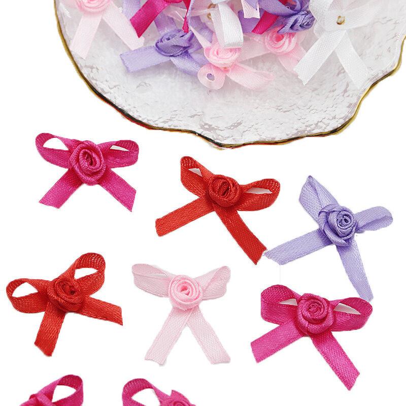 (50pcs/bag) 3.5*4cm Rose Polyester Handmade Single Face Stain Bows for Christmas Gift Wrap Solid Color Hair Accessory Bows