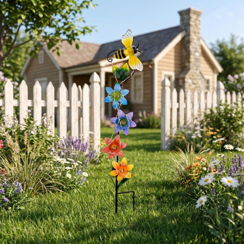 Solar Powered Outdoor Garden Decorative Flower Stake Light with Rotating Windmill and Insect Design for Yard Pathway Lawn Decoration