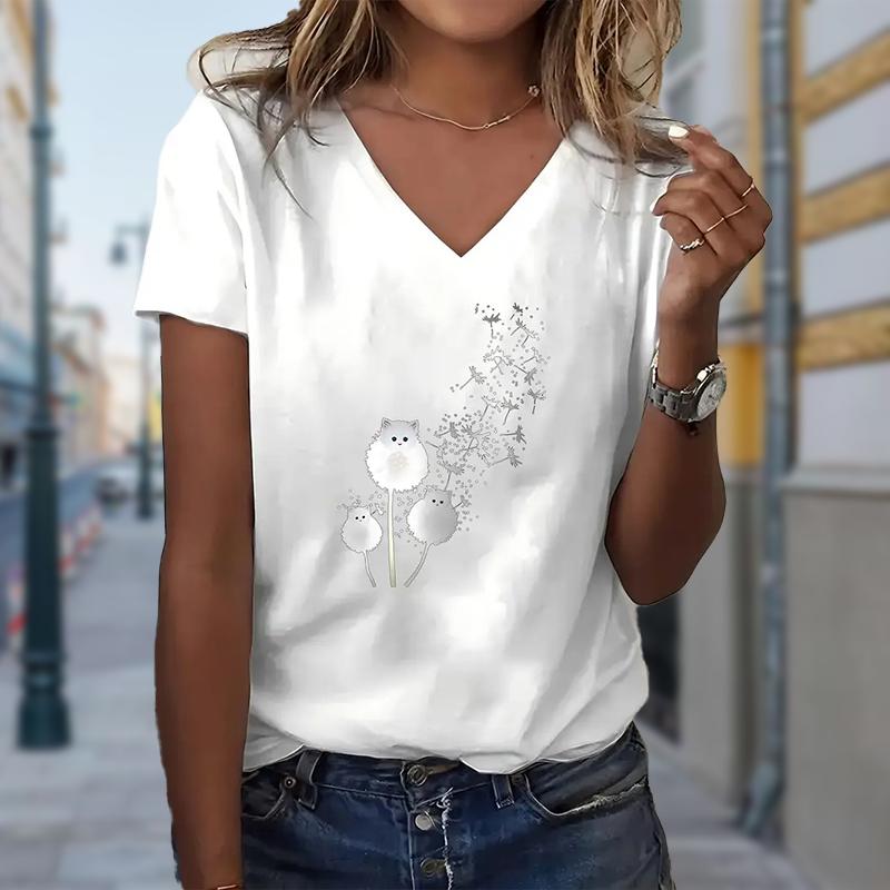 Fashion Dandelion Painting Blouses Short Sleeved V-Neck T Shirts Casual