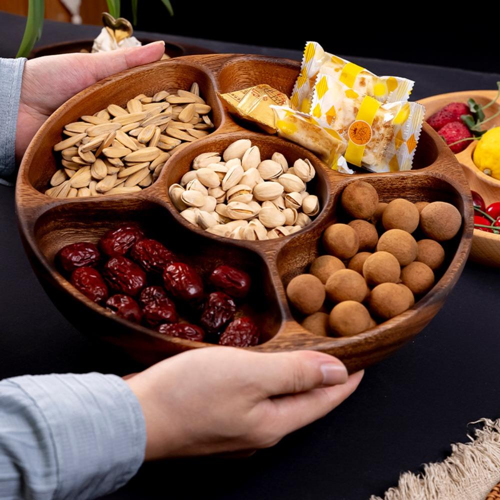With 5 Dining Grids Food Serving Tray Solid Wood Dried Fruit Plate Perfect Snack Plate Party