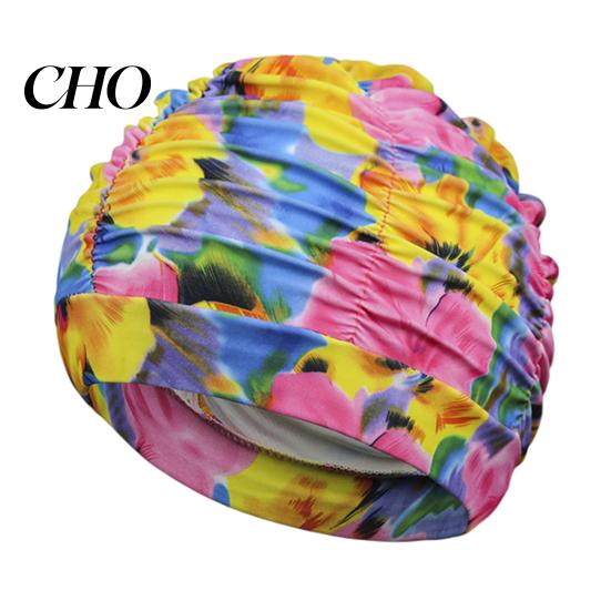 Soft Swim Cap Cloth Swimming Pool for Women, Breathable Colorful Ruffle Women Cap, Elastic Ear Protection Short Long Hair Bathing Hat Fashion Print