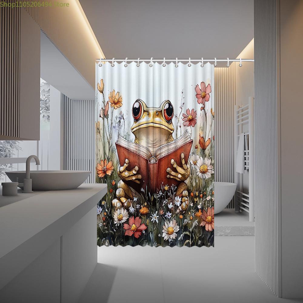 1 st nyckfull groda med bok på äng akvarell duschdraperi, med en antropomorf groda som håller en bok i en färgglad