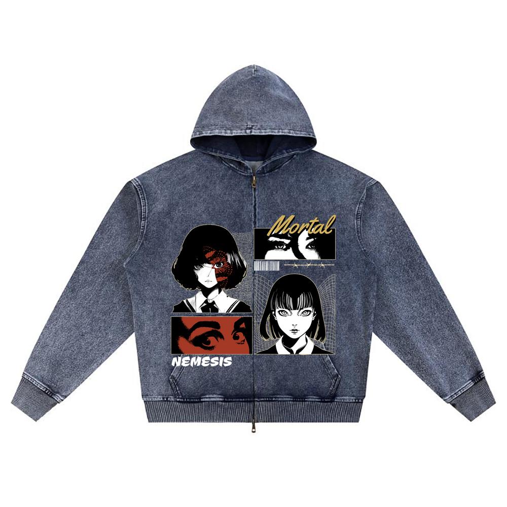 

DTG print Knitted Denim Zip-Up Hoodie Mortal Nemesis Brother Print Zipper Hoodies XL темно-синий