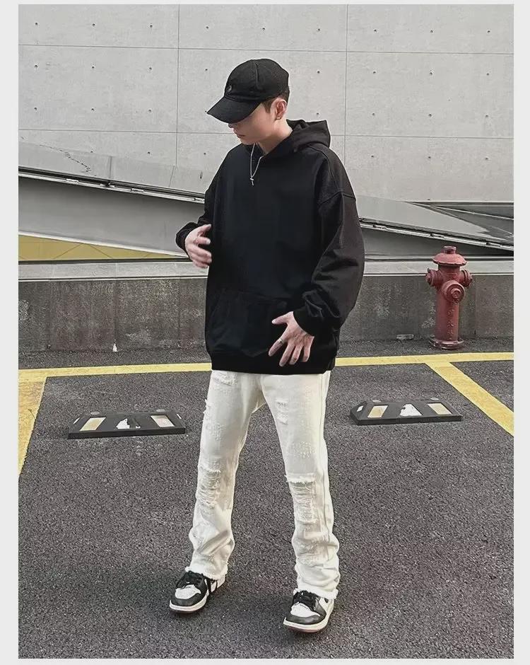 Pánské vintage černé roztrhané slim straight džíny s trendy high street rozšířeným designem