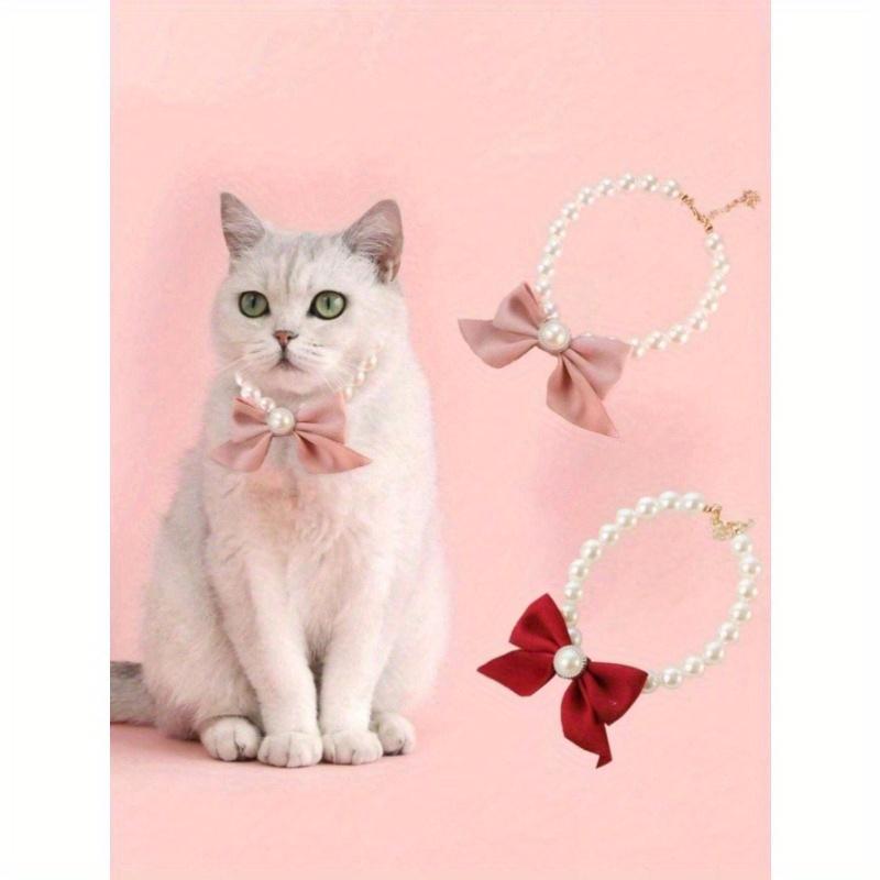 1pc Pet Cat Faux Pearl Necklace, Cute Faux Pearl Bow Tie Collar, Suitable For Dogs And Cats