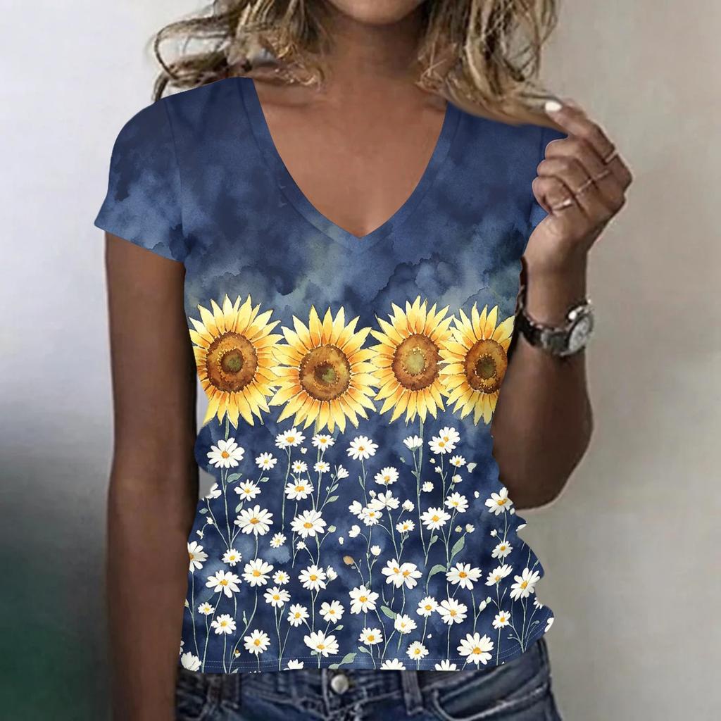 Women Casual V Neck Short Sleeve Floral Print T Shirt Lightweight Soft Fabric Comfortable Fit Summer Top