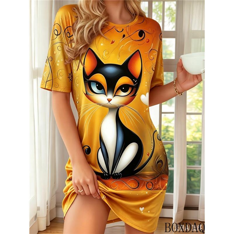 2026 Short Sleeved Round Neck Women's Dress With Cute Cat Pattern Print Loose Casual Fashionable Home Dresses