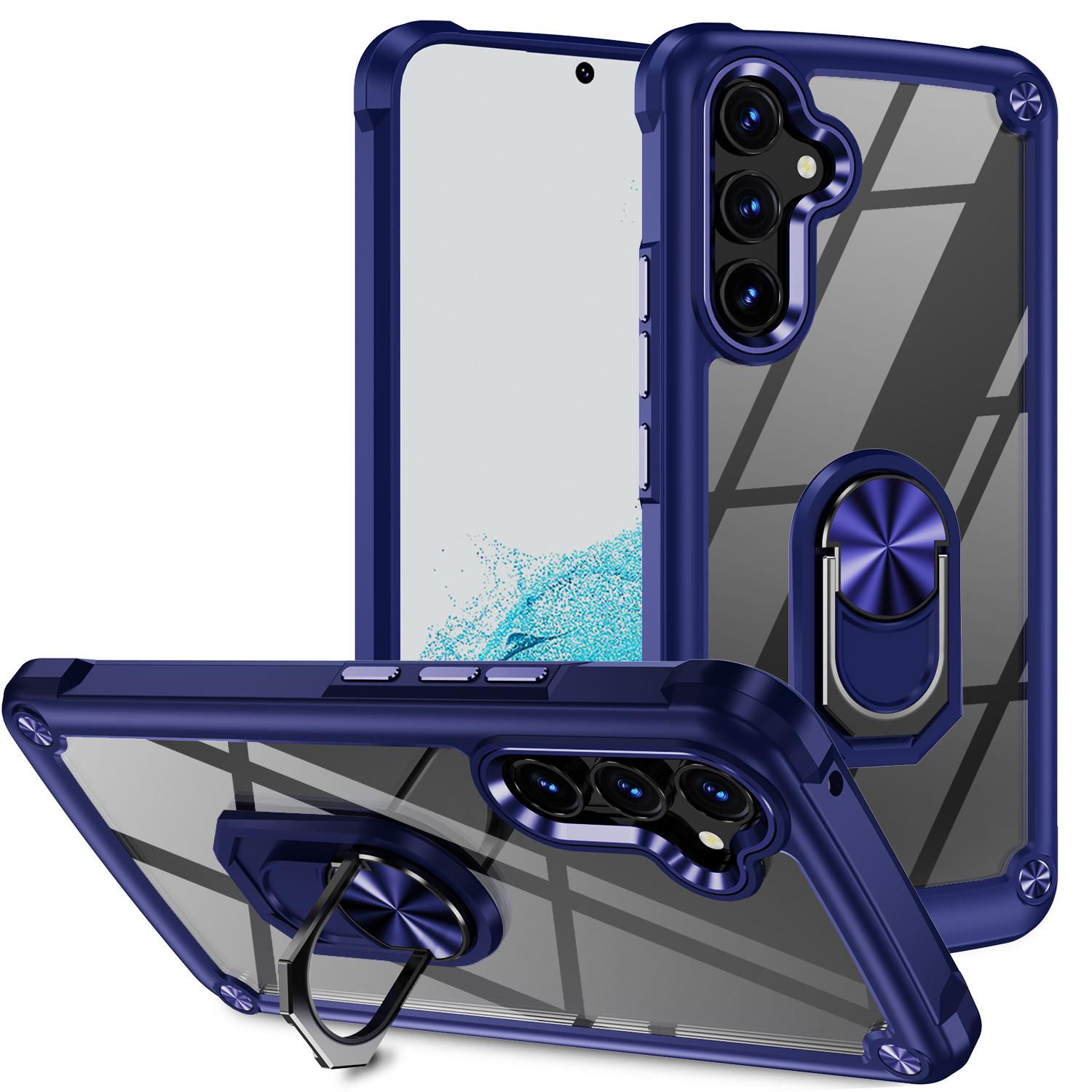 

For Samsung Galaxy A34 5G Alloy Lens Frame Phone Case PC+TPU Anti-drop Cover with Ring Kickstand Blue