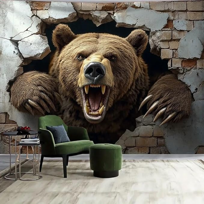 Tapestry of a wild, aggressive, strong bear 75x100