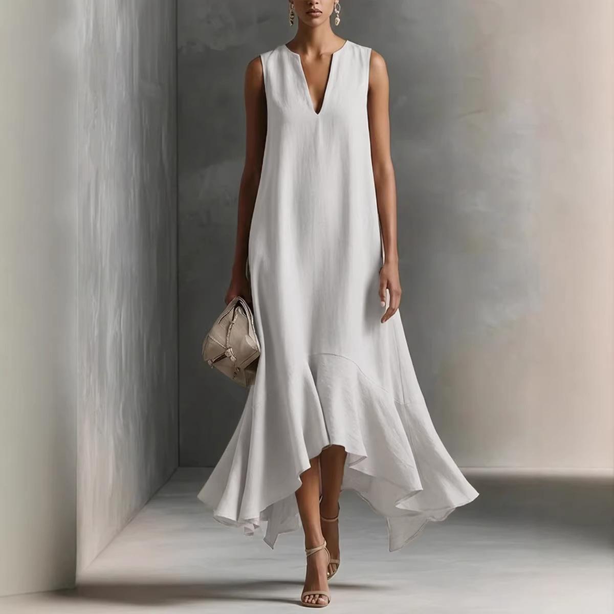 2026 European and American Cross-border Amazon New Fashion Deep V-neck Sleeveless Elegant Slimming Irregular Hem Dress S белый