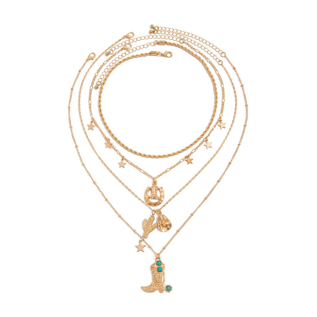 Western Cowboy Love Flower Disc Metal Necklace Vintage Stacked Turquoise Star Pendant Necklace