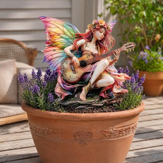 Yousheng Guitarist Fairy Garden Stake, 2D Acrylic Fairy Tale Yard Art Stake, Waterproof Flower Fairy Playing The Guitar Outdoor Decoration for Lawn