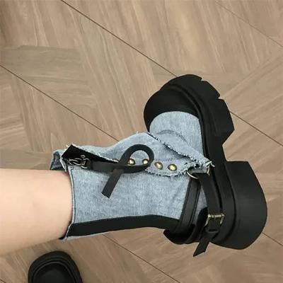 Fashion Cowboy Round Toe Cowgirl Half High Boots for Women Heels Denim Elegant Heeled Mid Calf Shoes Woman Work Pu Spring 2024 Gyaru Y2k
