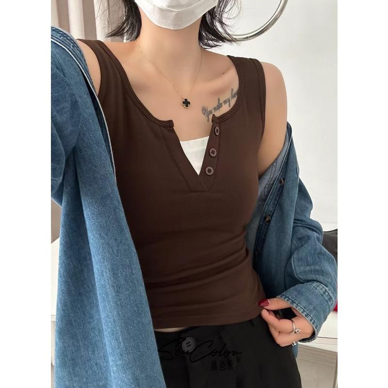 Simple Fashion Integrated Round Neck Fake Two Wide Shoulder Back Heart Female Slimming Thread Matching Sleeveless