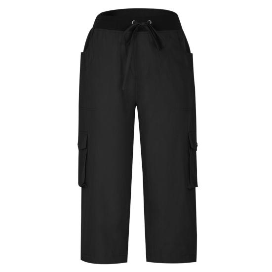 Women Cropped Pants Elastic Waist Adjustable Drawstring Hiking Cargo Pants with Multi