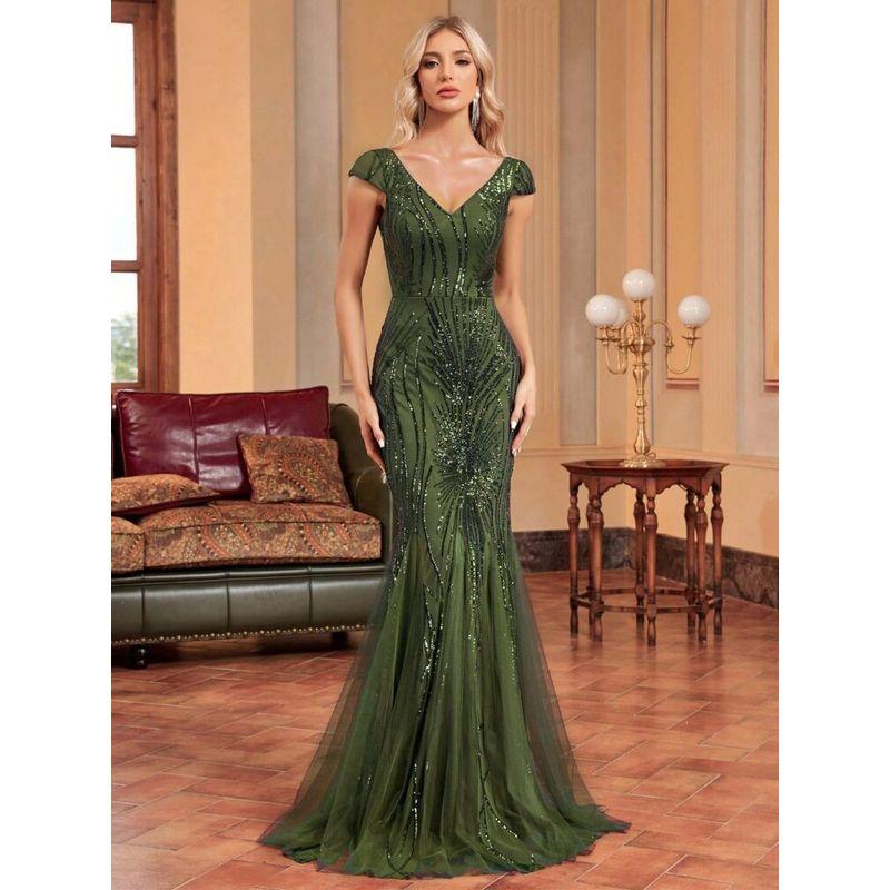 European and American New Style Slim Fit Fishtail Sequin Dress Long Bridesmaid Banquet Evening Dress Women's Party Dress Blue