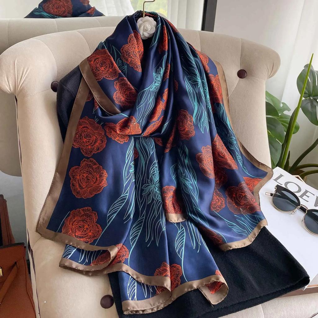 New 90*180CM Fashion Luxury Lady Print Design Shawl Soft Satin Silk Scarf Shawl Versatile Women Long Silk Scarves