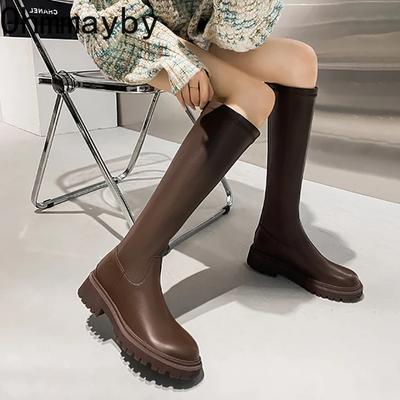 Winter Short Plush Women Knight Long Boots Fashion Soft Leather Knee High Booties Concise Square Low Heels Shoes