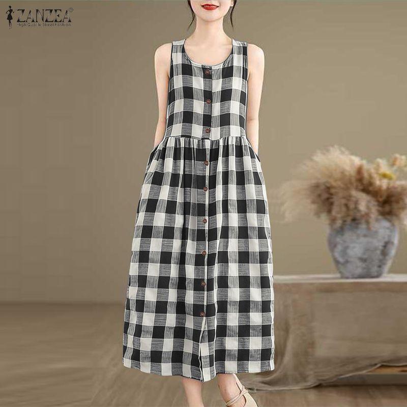 ZANZEA Women Grid Print Loose Casual Sleeveless Dress