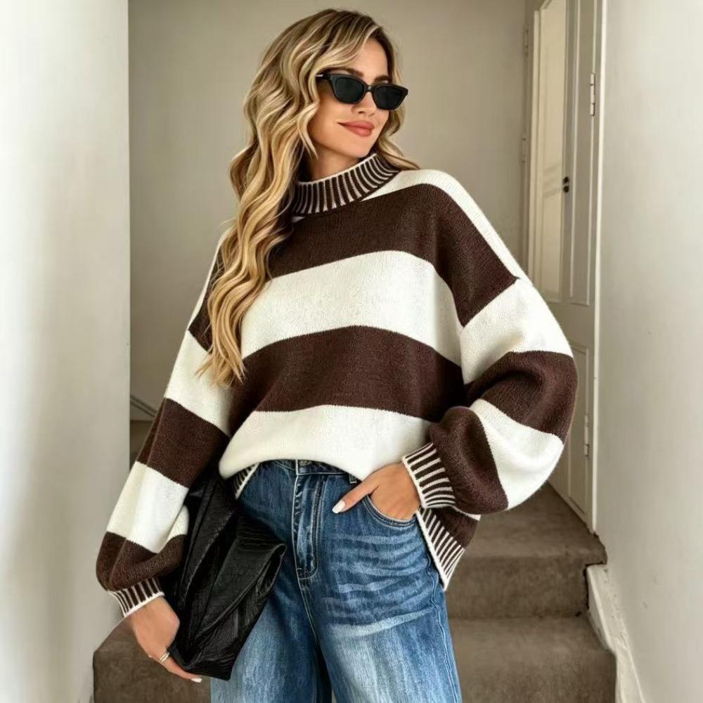 Contrasting Color Striped Pullover Knitted Sweater Top Women's Autumn and Winter New Semi-turtleneck Loose Sweater