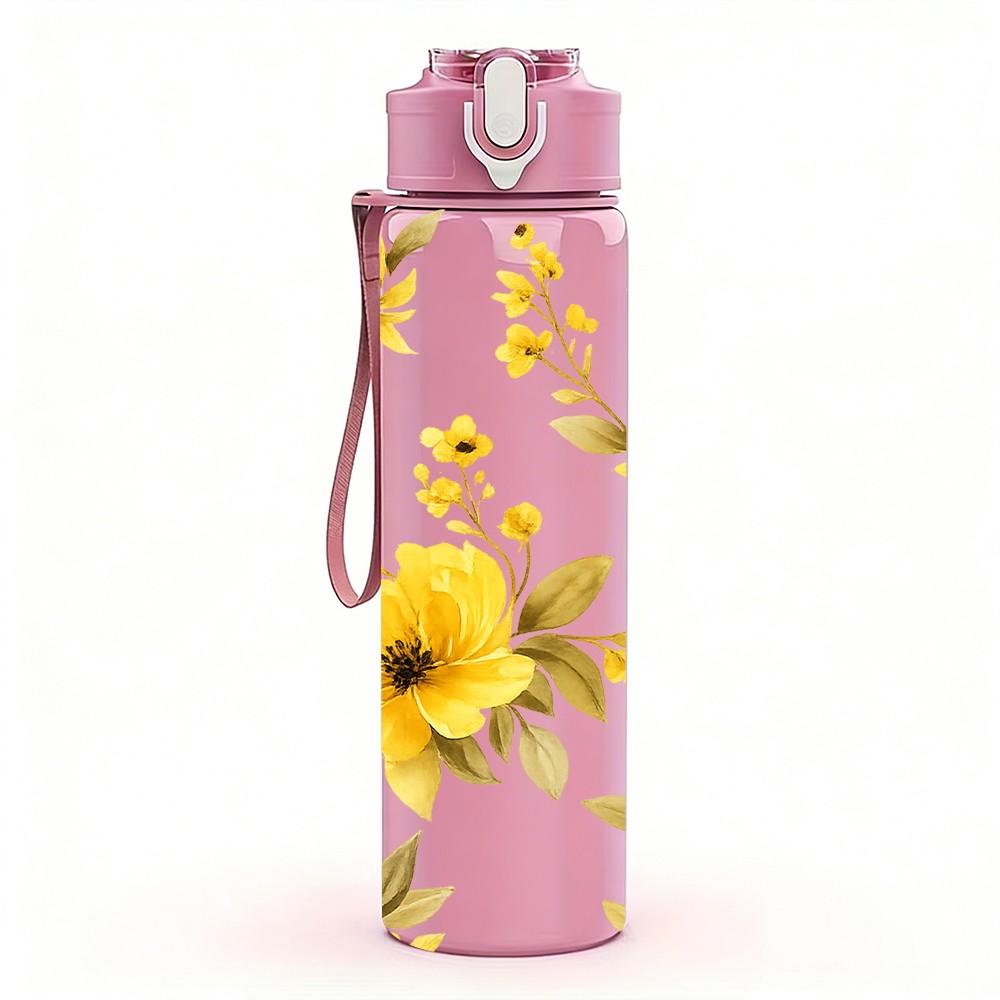 1PC Bright Yellow Chrysanthemum Floral Art 750ml Color Plastic Sports Water Bottle Leakproof Flip Straw Lid Suitable for Sports Office Home Use
