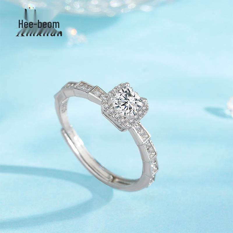 

Women s S925 Sterling Silver Square Zircon Bamboo Open Ring - Elegant Light Luxury Diamond Set Gift Adjustable Open платиновый